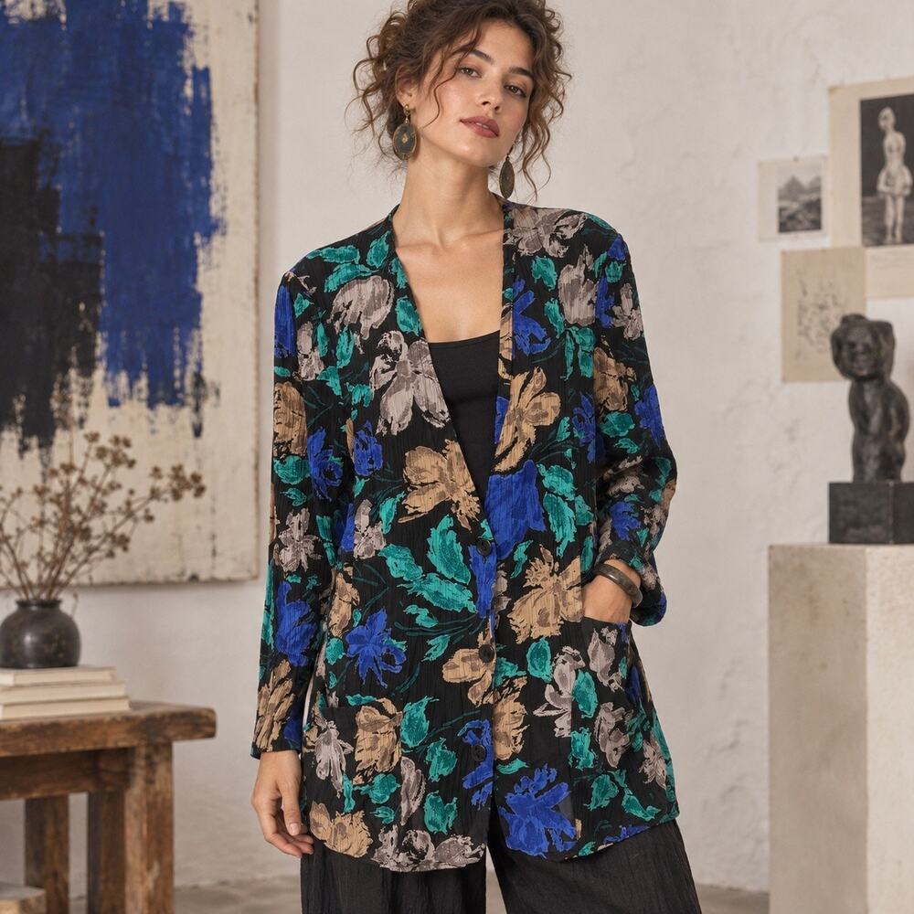 Vtg Long Tall Sally Floral Blazer Jacket Sz M 80s Artsy Lagenlook Whimsigoth